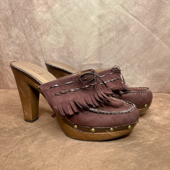 Vintage Y2K l.e.i Annetteco Fringe Clogs High Heel Studded Indie Euro McBling - Picture 1 of 13